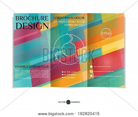 Tri-fold brochure template with modern geometric background. Three-fold leaflet design with random lines and tripes. Vector illustration.