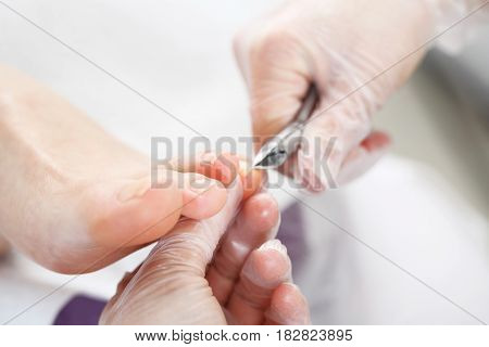 Pedicure stages.
Podology, cutting skins.
Professional pedicure in the beauty salon.
Nail clipping at the feet, woman on pedicure.