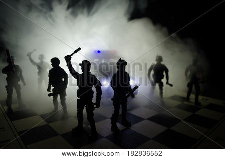 Anti-riot Police Give Signal To Be Ready. Government Power Concept. Police On Chessboard. Smoke On A
