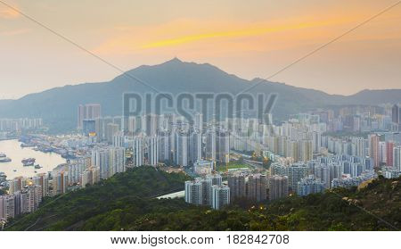 Hong Kong Tuen Mun downtown at sunset