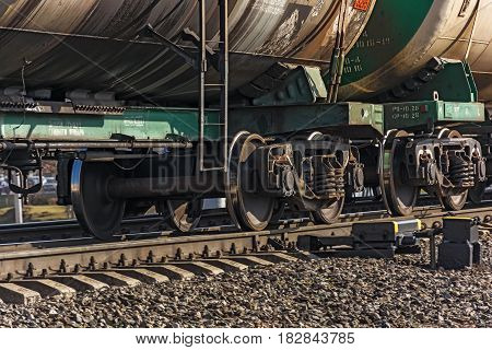 Two wheel sets of freight wagons of a train
