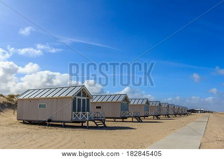 Kijkduin beach the Netherlands - April 06 2017: beach huts looking out over the sea