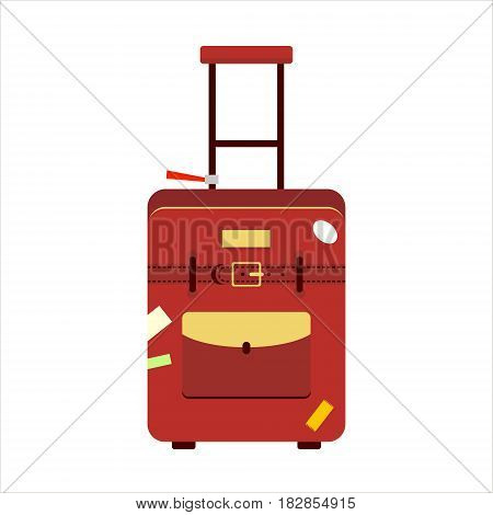 Flat red color trip suitcase for tourism vacation, with travelers stickers isolated on white background - vector stock illustration.