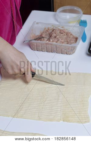 Stages Of Preparation Of Meat Glomeruli. A Woman Slices Thin Strips Of Dough. Next To The Table Is A