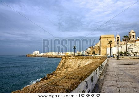 Cadiz town, Spain. Sea front and old Cathedral