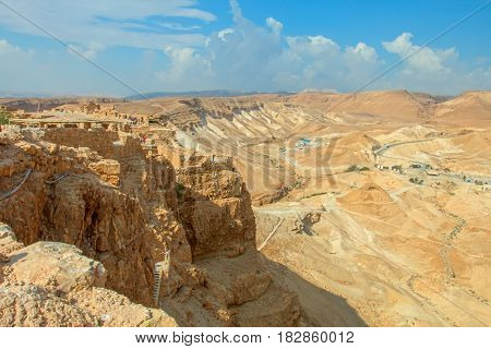 view of the ruins of the historic fortress of Masada