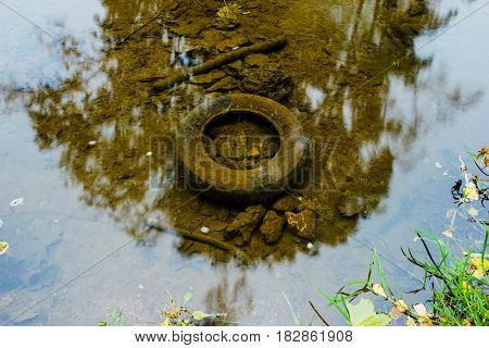 Old Tyre In The Water, Ecology Concept