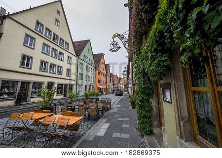Rothenburg ob der Tauber, Germany - September 2017: cafe at the town streets