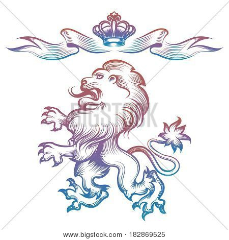 Colorful heraldy royal lion and crown isolated on white background. Vector illustration