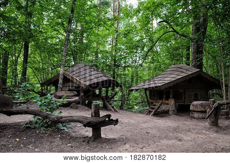 Dwarfs fairy houses in the mysterious woods.