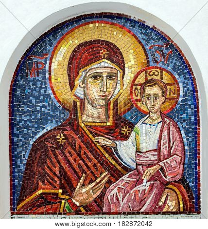 Ostrog, Montenegro - April 3, 2017: Virgin Mary - mosaic icon in rocky Serbian Orthodox Christian monastery Ostrog in mountains Montenegro