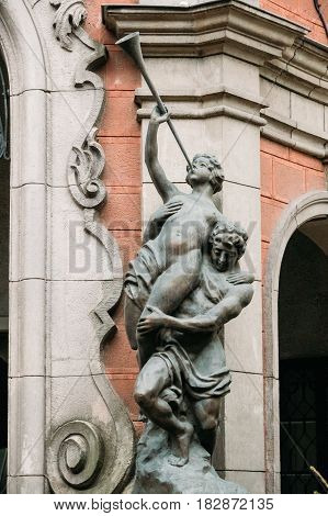 Riga, Latvia - December 13, 2016: Old Statues On Facade Of Old Cinema Building In Elizabetes Street. Splendid Palace Is The Oldest Cinema In Riga.