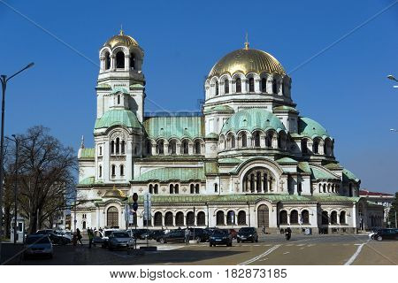 SOFIA, BULGARIA - APRIL 1, 2017: Amazing view of Cathedral Saint Alexander Nevski in Sofia, Bulgaria