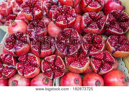 top view color red pomegranate fresh juice from tropical asain thai garden