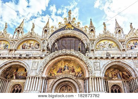 Saint Marc's Basilica Venice, Italy. Gorgeous western facade of St Mark's Cathedral symbol of wealth and power history