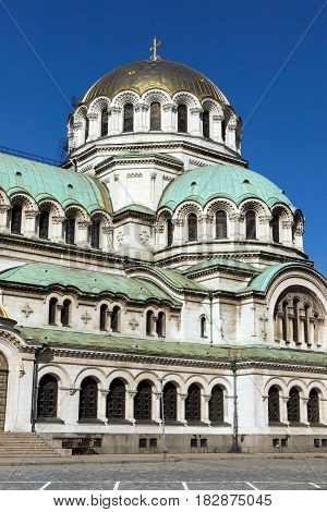 SOFIA, BULGARIA - APRIL 1, 2017: Amazing view of Cathedral Saint Alexander Nevski in Sofia, Bulgaria