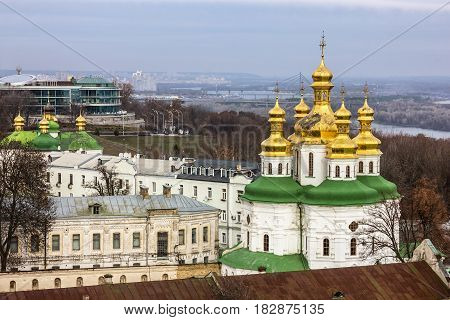 Kiev, Ukraine. Cupolas of Pechersk Lavra Monastery and river Dniepr panoramic city view