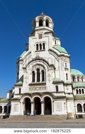 SOFIA, BULGARIA - APRIL 1, 2017: Amazing view of Cathedral Saint Alexander Nevski in Sofia, Bulgaria