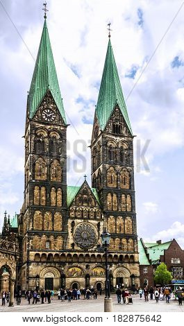 Bremen, Germany - April 19, 2017: Cathedral church square (Bremer Sankt Petri Dom) in Bremen, Germany