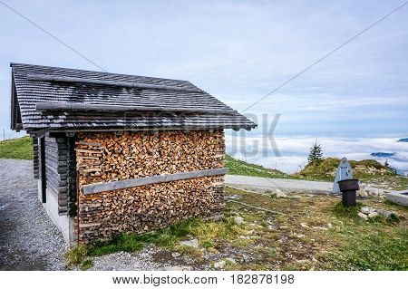 The stacks of firewood on the mountain