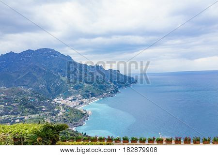 Beautiful view from balcony of Villa Rufolo Ravello town Amalfi coast in the cloudy day southern Italy