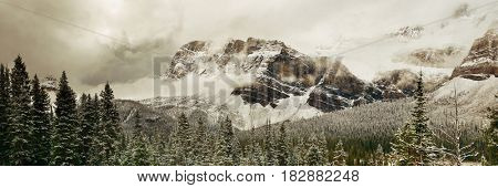 Bow Lake panorama with snow capped mountain and forest in Banff National Park
