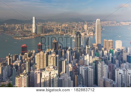 Hong Kong city cental downtown aerial view over Victoria Bay