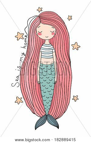 Beautiful cute cartoon mermaid with long hair. Siren. Sea theme. isolated objects on white background. Vector illustration.