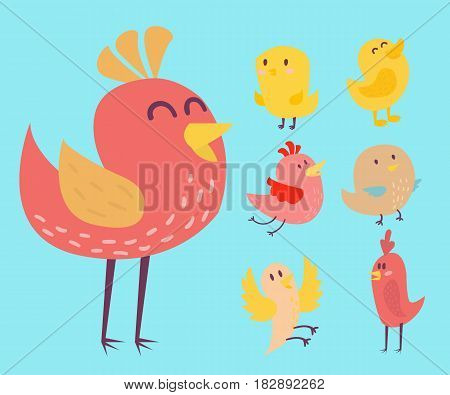 Set of cute birds hand drawn vector happy drawing decoration. Cartoon collection with funny little cute bird family hand drawn. Vector character wing colorful cute birds wild sweet animals.