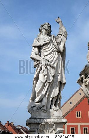 MARIBOR, SLOVENIA - APRIL 03: Saint James statue, Plague column at Main Square of the city of Maribor in Slovenia, Europe. Historical religious sculpture, April 03, 2016.