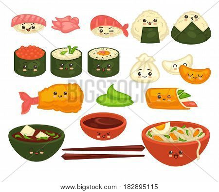 Cute asian dishes with emotions on faces set on white vector poster. Colorful banner of sushi types, meat in dough, salads and soups in bowls. Eating template in comic style of spicy oriental meal