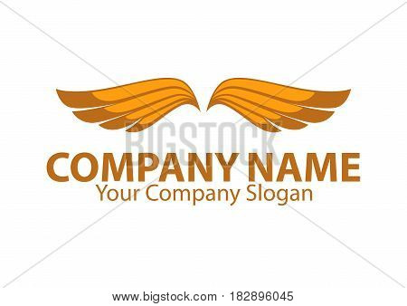 Company name emblem with orange bird wings isolated on white background. Vector illustration of business card and partnership slogan. Symbol of flight, speed moving in air, quickly delivery service.