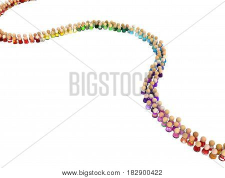 Crowd of small symbolic figures color queue 3d illustration horizontal isolated