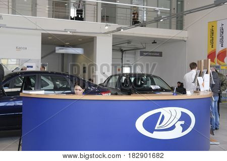 Kaluga, Russia - April, 20, 2017: menegers in a show-room of car dealership of 