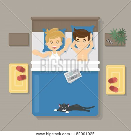 Sleeping gay couple in the bed with a cat.
