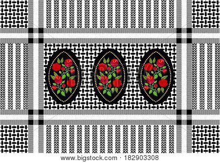 Checkered scarf with roses. Black, red, white.