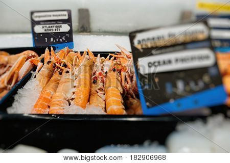 Focus on the merchandise - Supermarket stall with raw crevettes langoustines fresh fish counter full with diverse organic fish meat from Nor-East Atlantic Ocean
