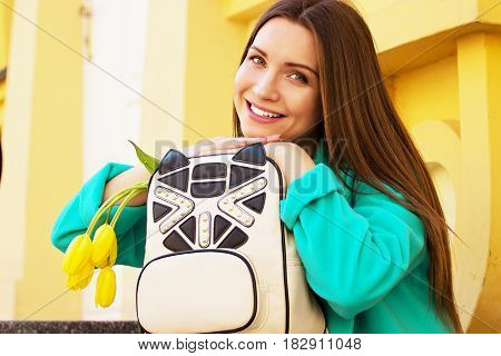 Natural Beauty In The City. Close-up Portrait Of Fashionable, Young And Beautiful Girl In Blue Coat