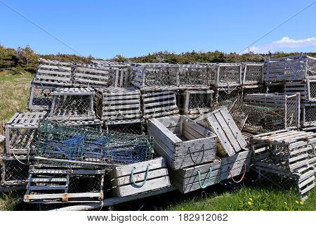 a bunch of wooden lobster traps, East Coast Canada