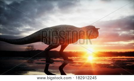 Dinosaur. Prehistoric period, rocky landscape. Wonderfull sunrise 3d rendering