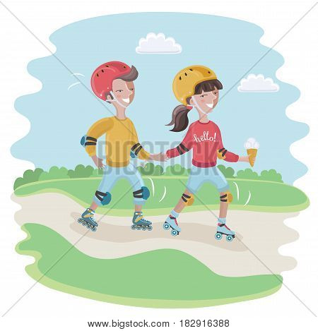 Vector cartoon funny cute illustration of boy and girl, wearing a helmet, knee pads, elbow pads is roller-skate
