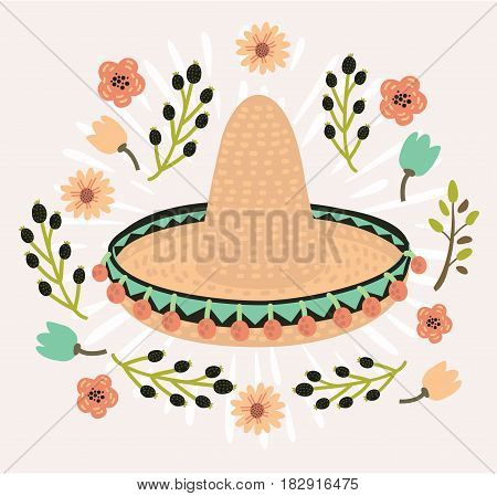 Vector illustration of mexican hat, sombrero, mexican hat isolated, mexican hat decorated with flower vintage style