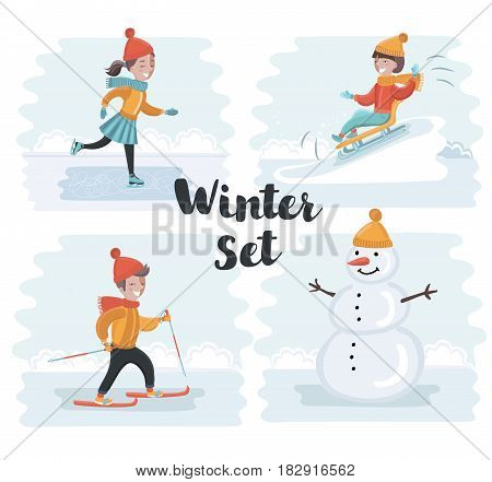 Vector cartoon funny sen of scene illustrations of winter holidays. Skiing, skating girl, snowman, sledding. Winter kids fun on snowy outdoor landscape