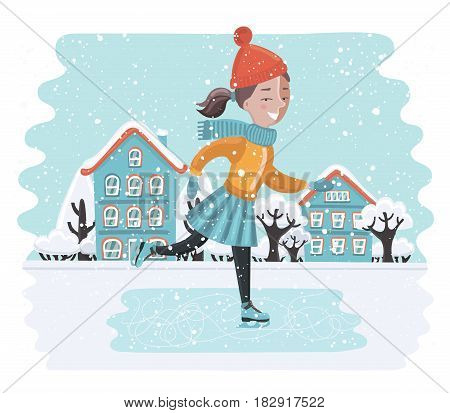 Vector carton funny illustration of cute girl skates in winter landscape. Snowy winter weather in town
