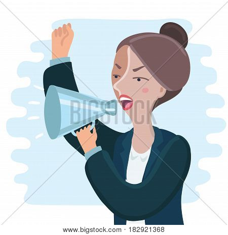 Vector illustration of pretty of angry Business woman yelling through megaphone and shaking her hand