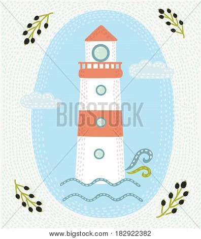 Vector illustration of hand drawn vintage label with a light house and lettering. For apparel t shirt fashion design and or other uses.
