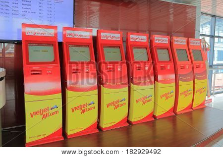 HANOI VIETNAM - NOVEMBER 25, 2016: Self check in counter at Vietjet Air counter Hanoi International airport.