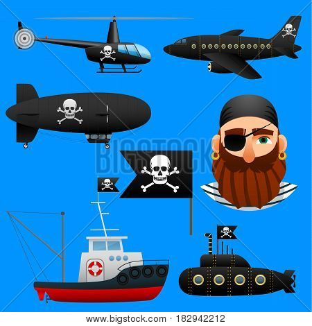 Collection of pirate transport, set of aircraft and boats with pirate symbols. Vector illustration.