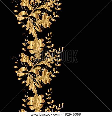 Seamless classic vector golden pattern. Floral ornament brocade textile pattern glass metal with floral pattern on black background with golden elements.