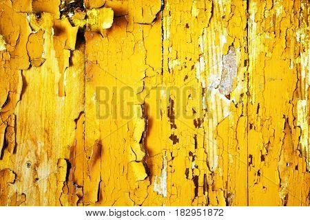 Background of yellow peeling paint on an old wooden wall